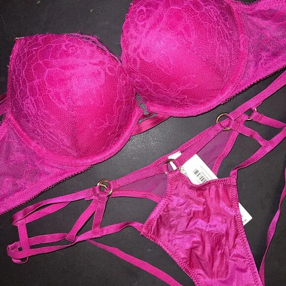 Victoria's Secret 34A BRA SET S cutout strappy Panty OUTRAGEOUS HOT PINK Lace - Picture 2 of 3